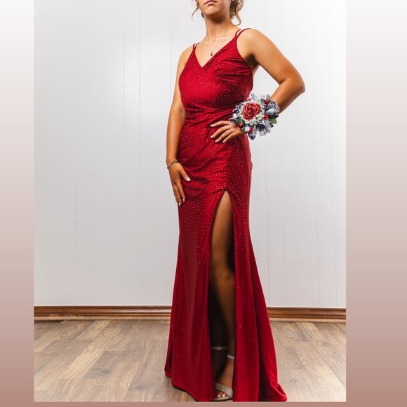 Dresses & Skirts - Ruby Red Rhinestone Ruched Prom Dress High Slit Formal Evening Gown Size 8
